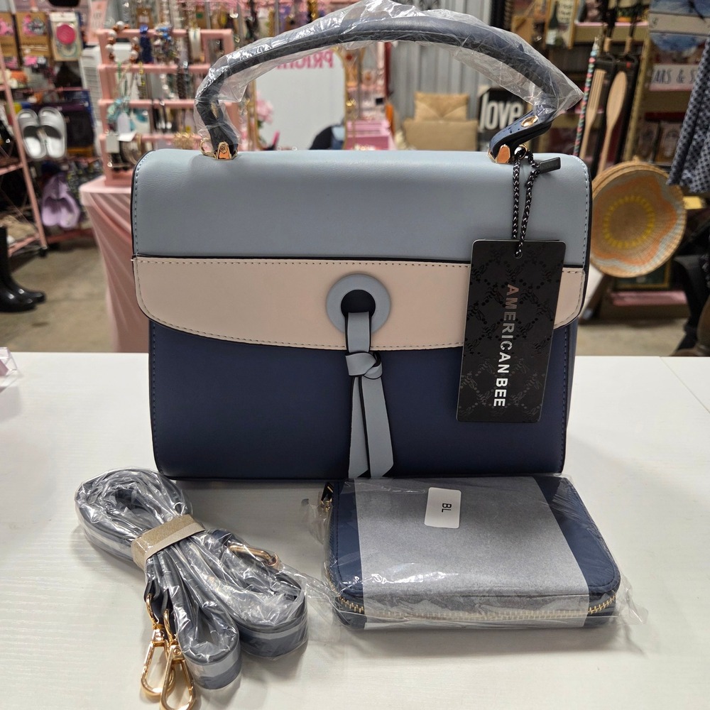 American Bee Women Blue Colorblock Vegan Leather Satchel Handbag and Wallet Set
